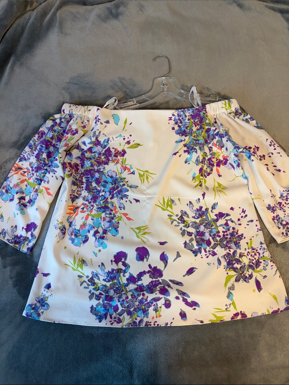 Off-Shoulder A-Line Skirt in White with Purple Floral Print